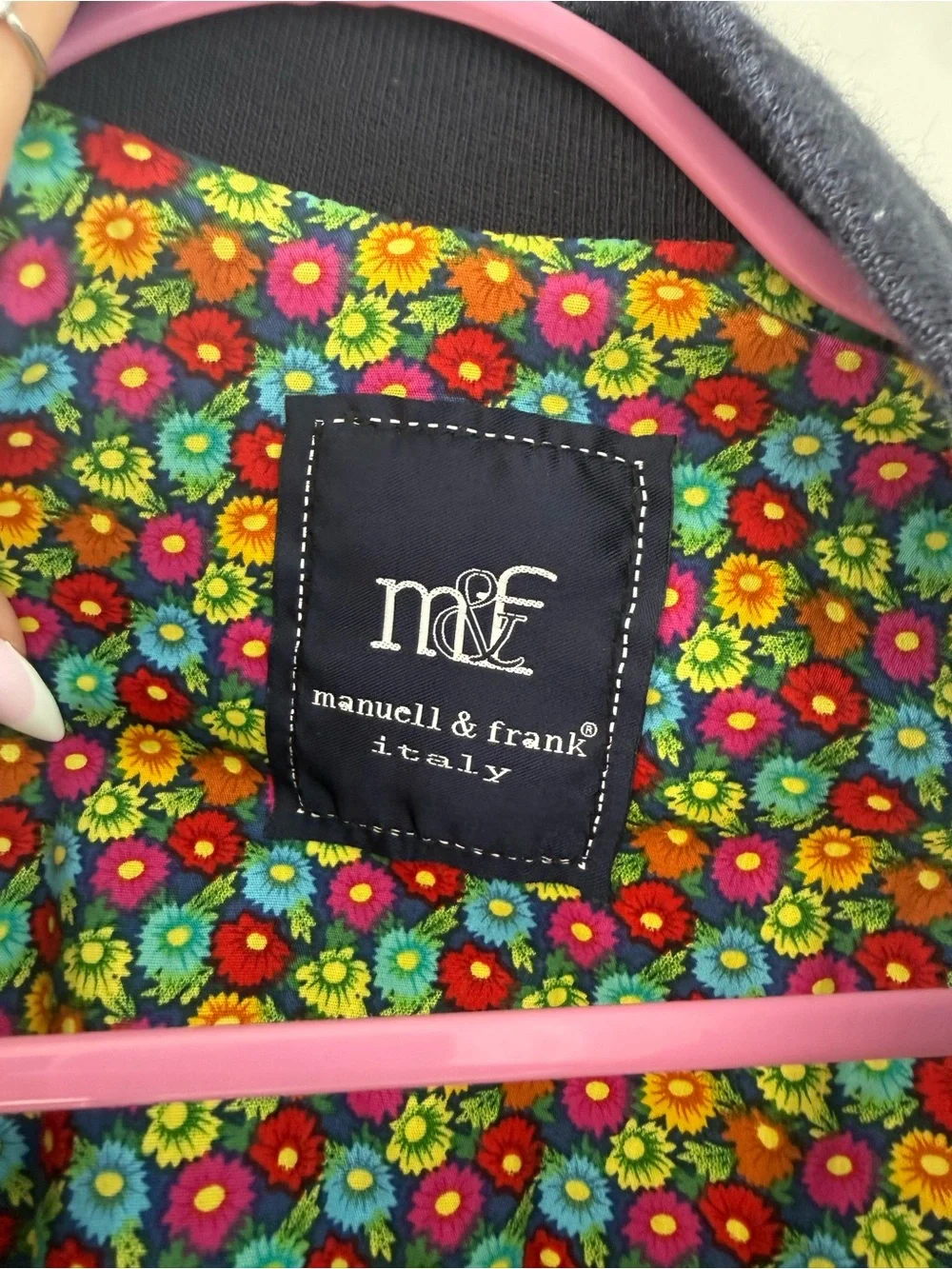 m&f Kids Navy Leather Bomber Jacket with Colorful Lining
